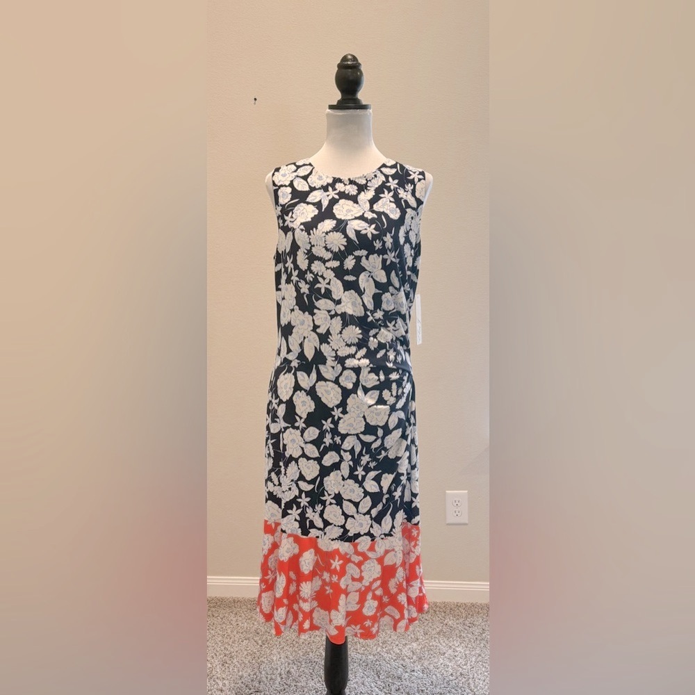 Eliza J Womens Blue & Orange Floral Sleeveless Ruched Side Dress